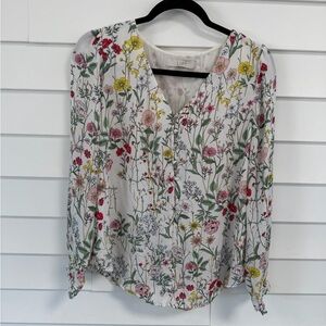 LOFT White Floral Long-Sleeve V-Neck Blouse with Pink, Red, Yellow & Green Print
